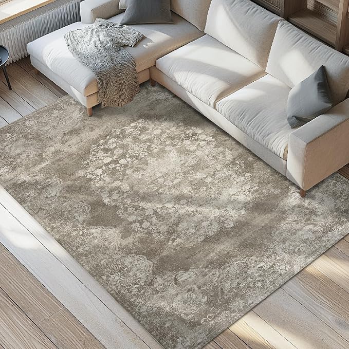 jinchan Vintage Floral 4x6 Area Rugs - Machine Washable Distressed Design Soft Ultra-Thin Low-Pile Non-Slip Carpet for Entryway Kitchen Bedroom Nursery Living Room Dining Room (4x6ft, Brown)