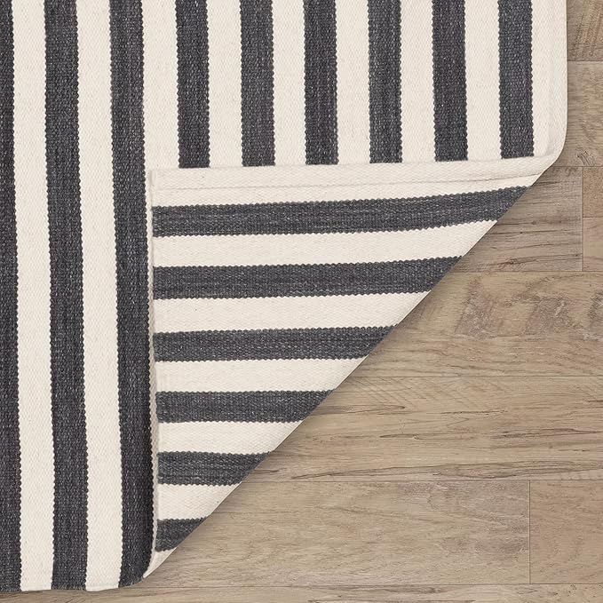 Home Conservatory Ladder Stripe Black/Ivory Handwoven Wool 8 X 10 Feet, Black/Ivory Stripe Pattern