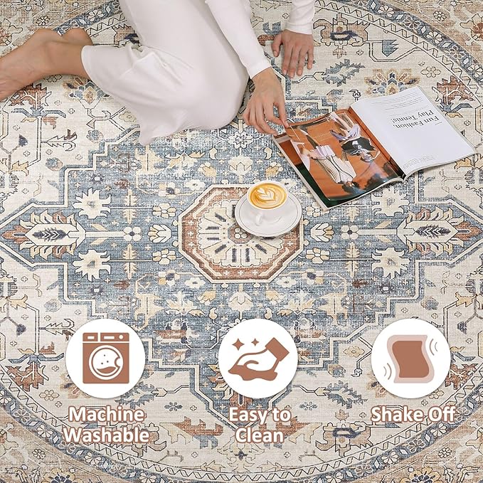 Round Rug Living Room Rugs: 4x4 Washable Boho Neutral Large Circle Soft Indoor Distressed Stain Resistant Floor Farmhouse Carpet for Bedroom Nursery Kids Playroom Office Dining Room Dorm- Beige Blue