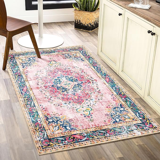 Small Area Rug 2x3 Pink Boho Bathroom Rug for Entryway Kitchen Blush Thin Foldable Vintage Throw Rug Low Pile Non Slip Washable Indoor Carpet