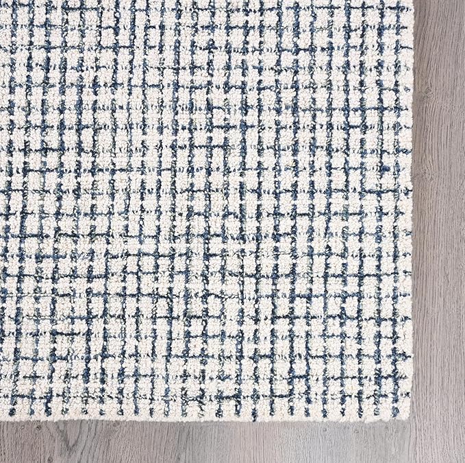 Hand-Tufted 100% Wool Pile Area Rug – Geometric Textured Grid Check Pattern – Thick and Durable Floor Carpet for Bedroom, Living Room, Kids Room, and Dining Area (Ivory, Denim, 6' x 9')