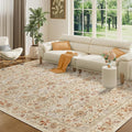 DUKINO 6x9 Rugs for Living Room, Vintage Washable Rug with Non Slip Backing, Floral Low Pile & Non-Shedding Large Area Carpets for Bedroom, Dining Room, Farmhouse, Home Office, Beige