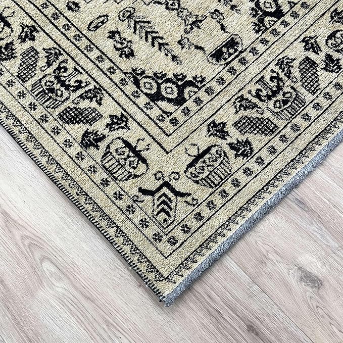 Alfa Rich 7x10 Beige Black Washable Area Rugs for Living Room Bedroom Kitchen Dining Cotton Rug