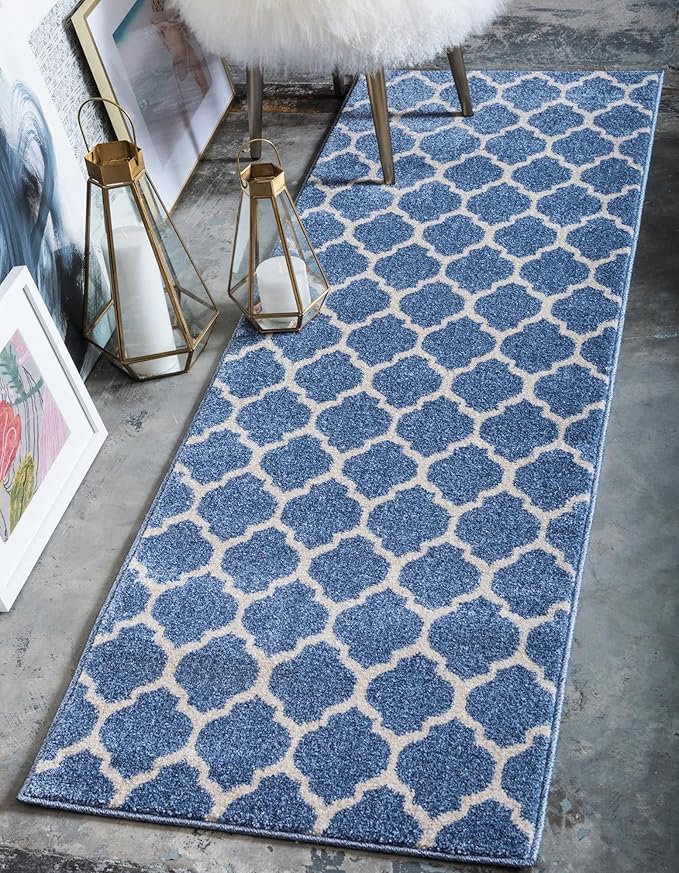 Rugs.com Lattice Collection Rug – 10 Ft Runner Light Blue Medium Rug Perfect for Hallways, Entryways