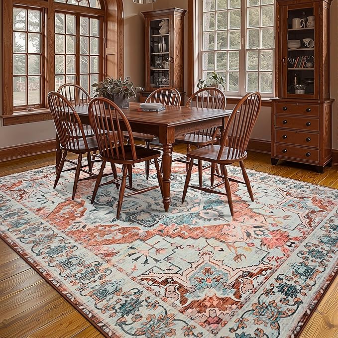YJ.GWL Area Rugs for Living Room 6x9 Machine Washable Rugs, Non Slip Floral Vintage Rug Indoor Carpet, Stain Resistant Large Rug for Bedroom Dining Room, Copper Tan