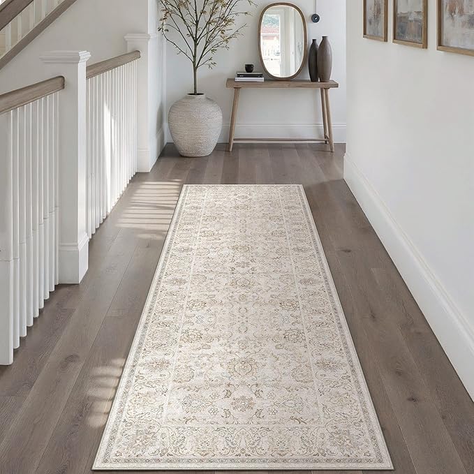 HUGEAR 2x6 Machine Washable Hallway Runner Rugs Vintage Grey - Neutral Non Slip Stain Resistant Low Pile Aesthetic Throw Carpet Kids & Pet Friendly for Bedroom Kitchen