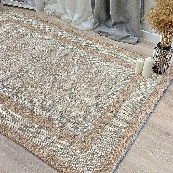 Alfa Rich 7x10 Beige Cream Washable Area Rugs for Living Room Bedroom Kitchen Dining Cotton Rug