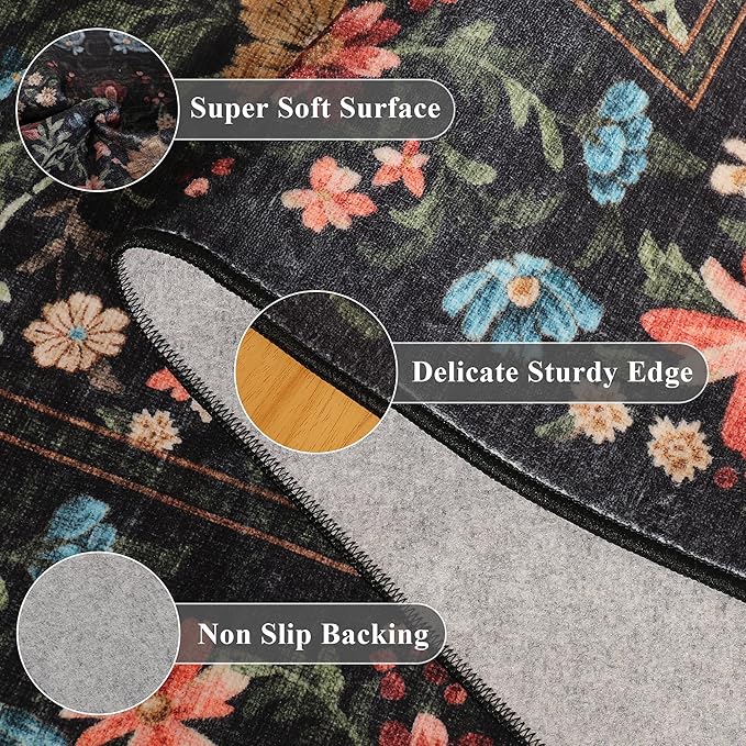 DUKINO 8x10 Area Rugs for Living Room, Vintage Floral Washable Rug with Non Slip Backing, Soft Low Pile & Non-Shedding Large Carpets for Bedroom, Farmhouse, Dining Room, Home Office, Black