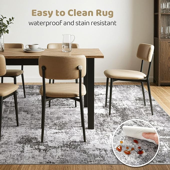 7x10 Area Rug Living Room: Washable Large Abstract Modern Soft Stain Resistant Indoor Floor Rugs Non Slip Accent Carpet for Bedroom Nursery Playroom Office Dining Room Dorm Home House- Black Grey