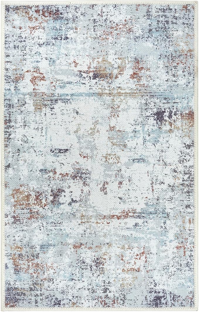 GLN Rugs Contemporary Collection - Machine Washable Area Rug, Contemporary Washable, Non Slip, Low Pile Chenille Rug, Living Room, Bedroom, Kitchen Rug (2' x 3' White/Grey/Blue/Brown)