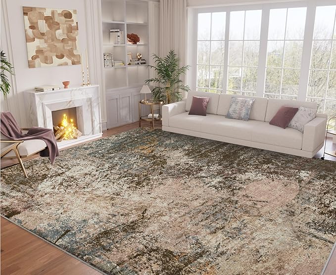 Arbosofe Modern Abstract Rug for Living Room, 8'x10' Washable Area Rug with Non-Slip Backing & Short Pile, Large Carpet with Abstract Pattern for Living Room Bedroom and Dining Floor Carpet Brown