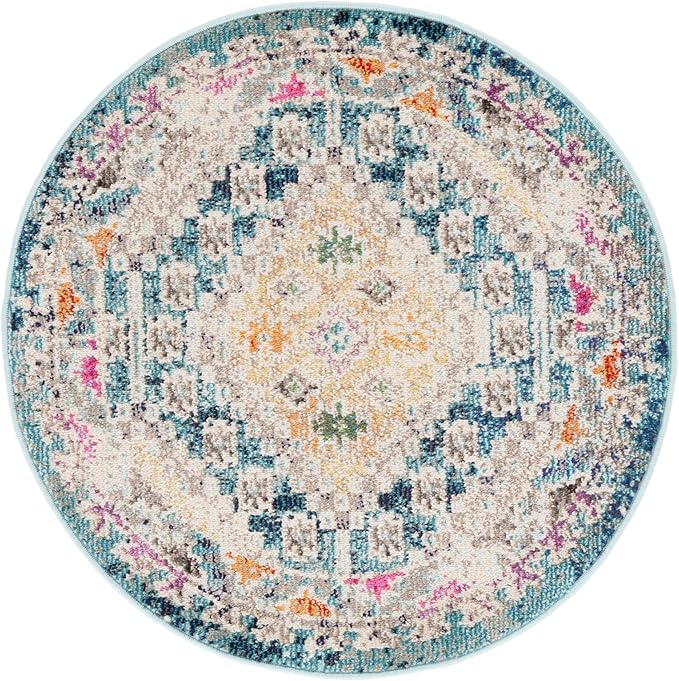SAFAVIEH Madison Collection 3' Round Dark Blue / Yellow MAD418N Boho Diamond Distressed Non-Shedding Dining Room Entryway Foyer Living Room Bedroom Area Rug
