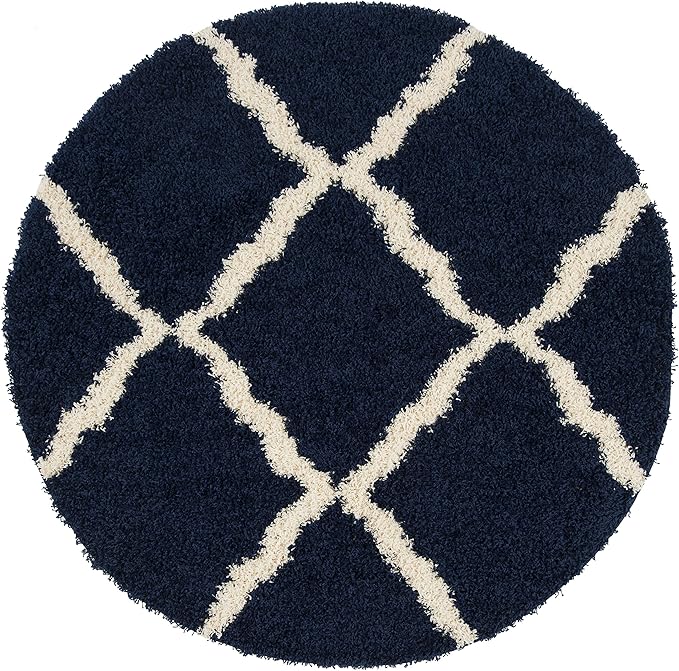 SAFAVIEH Dallas Shag Collection Area Rug - 6' Round, Navy & Ivory, Trellis Design, Non-Shedding & Easy Care, 1.5-inch Thick Ideal for High Traffic Areas in Living Room, Bedroom (SGD257N)