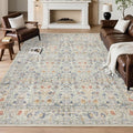 Washable Living Room Rug: 5x7 Boho Floral Soft Area Rug for Bedroom Decor - Vintage Low Pile Thin Carpet for Dining Room Non-Slip - Farmhouse Stain Resistant Rugs - Beige Blue