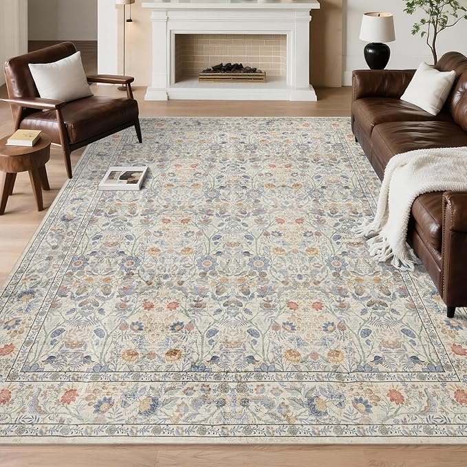 Washable Living Room Rug: 5x7 Boho Floral Soft Area Rug for Bedroom Decor - Vintage Low Pile Thin Carpet for Dining Room Non-Slip - Farmhouse Stain Resistant Rugs - Beige Blue