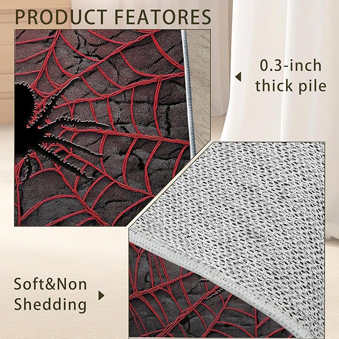 Red Spider Cool Washable Living Room Area Rug, Low Profile Abstract Pattern, 3x5 Non-Slip Backing Carpet for Kitchen, Bedroom, Dining Room