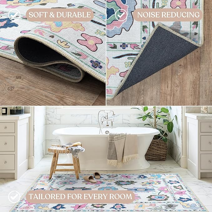 Fame Living Colorful Oushak Rug, Modern, Vintage, Turkish, Eclectic, Floral, Pastel, Washable, Area Rugs for Living Room, Dining, Bedroom, Office, Entryway, Foyer, Playroom, Nursery, 5'x6'9"