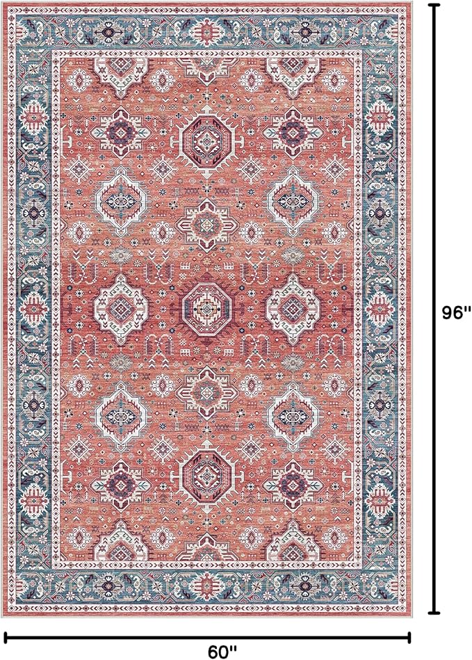 Dripex Vintage Washable Area Rug - 5x8 Distressed Rugs for Living Room Bedroom Oriental Medallion Floral Print Carpet Low-Pile Indoor Soft Non-Slip Accent Rug Farmhouse Office Home Decor