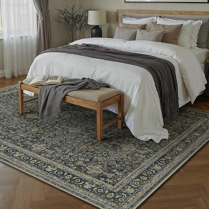 8x10 Area Rug for Living Room Black Vintage Washable Bedroom Carpet Traditional Distressed Soft Non Slip Indoor Large Accent Rug Retro Thin Low Pile Floor Cover for Dining Room Playroom