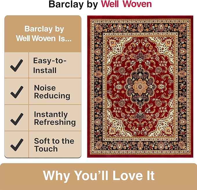 Well Woven Barclay Collection Medallion Kashan Red 8x10 Area Rug - for Living Room, Bedroom, and Dining Room
