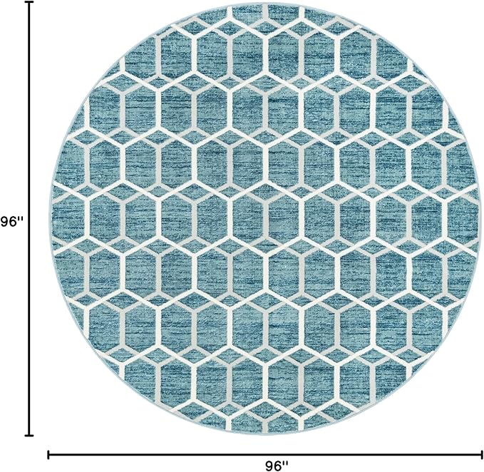 Rugs.com Lattice Trellis Collection Rug – 8 Ft Round Blue Low-Pile Rug Perfect for Kitchens, Dining Rooms