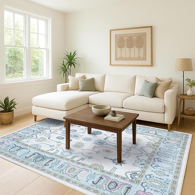Fame Living Cream Green Oushak Rug, Modern, Vintage, Turkish, Eclectic, Floral, Pastel, Washable, Large Area Rugs for Living Room, Dining, Bedroom, Girls, Boys, 7'5"x9'8"