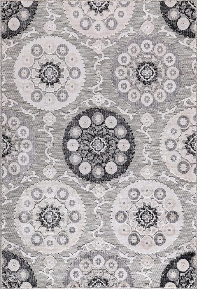 CAMILSON Indoor Outdoor Rug 6x9 Bohemian Medallion Floral Area Rugs for Indoor and Outdoor Patios Easy-Cleaning Non-Shedding Living Room Garden and Kitchen Washable Outside Carpet (6 x 9 / Gray)