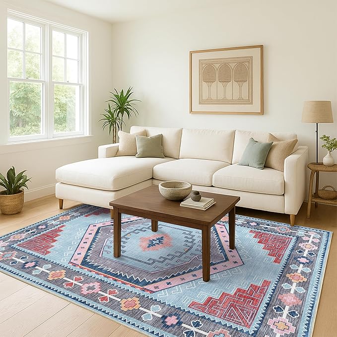 Fame Living Washable Area Rug. Modern Farmhouse. Vintage. Turkish. Bohemian. Distressed. Oriental. Traditional. Rugs for Living Room. Dining. Bedroom. Office. Entryway. Foyer. (856BlM, 2'5" x 6'5")