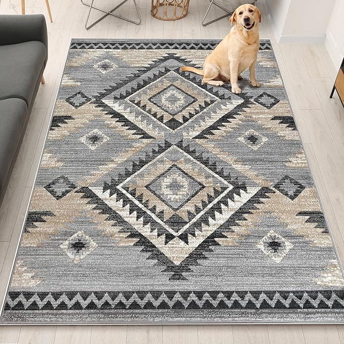 YHSF South West Native American Rug Ritz – Native Tribal American Indian Inspired Rug - Living Room, Bedroom, Hallway, Entryway & High Traffic Area Rugs Washable - Soft - Light Grey, 8 Feet x 10 Feet