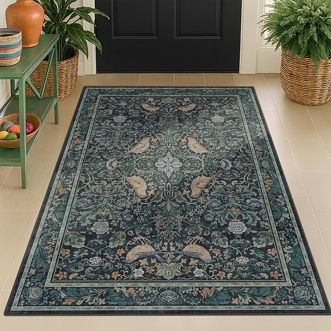 Vintage Large Entryway Rugs Indoor, 3x5 Washable Blue and Green Floral Rugs for Kitchen Floor, Bedroom Beside Bed, Non-Slip & Low Pile Stain Resistant Laundry Carpet with Plant & Bird Pattern