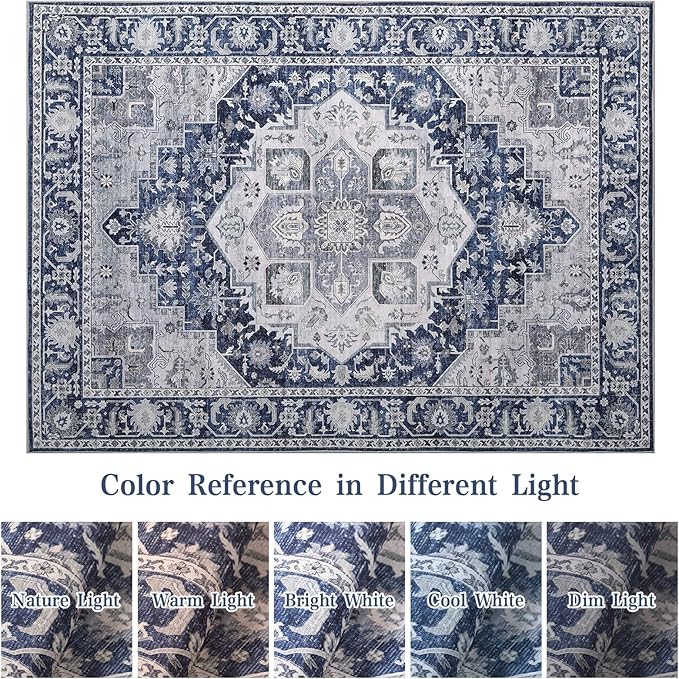 DUKINO 9x12 Rugs for Living Room, Soft Non-Slip Washable Area Rugs, Faux Wool Bedroom Rug with Non-Shedding, Indoor Low-Pile Boho Rugs for Dining Room, Home Office, Blue