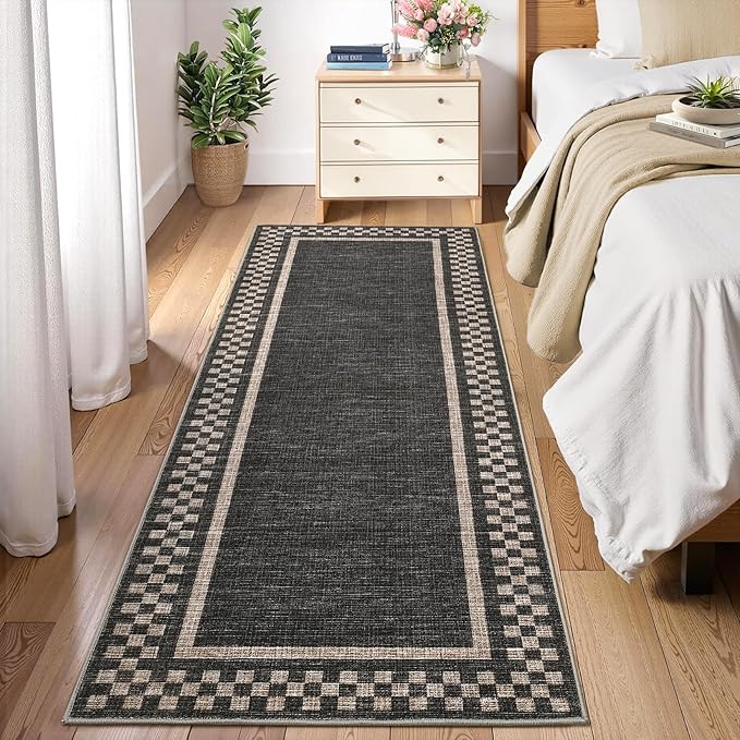 GarveeHome Runner Rug 2x6 for Kitchen Non Slip Washable Hallway Runner Rugs Modern Bordered Bathroom Throw Mat Soft Non Shedding Checkered Runners Geometric Area Rug for Bedside Living Room, Black