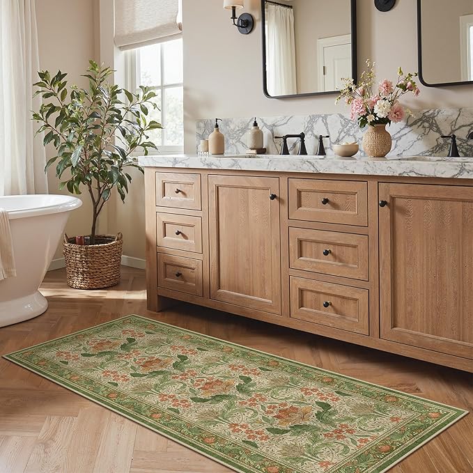 Bavni 2'6''x6 Runner Rug,Microfiber Washable Non-Slip Vintage Floral Rugs,Low Pile Lightweight Carpet for Bedroom,Hallway,Entryway,Kitchen,Bathroom, Sage Green & Burnt Orange