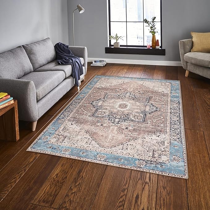 GLN Rugs Traditional Collection - Machine Washable Area Rug, Traditional Washable, Non Slip, Low Pile Chenille Rug, Living Room, Bedroom, Kitchen Rug (3' x 5' Brown/Blue)