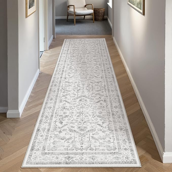 Grey 2x6 Runner Rug Vintage Area Carpet Hallway Indoor Kitchen Washable Low Pile Traditional Distressed Retro Accent Throw Rug Non Slip for Laundry Bathroom Office