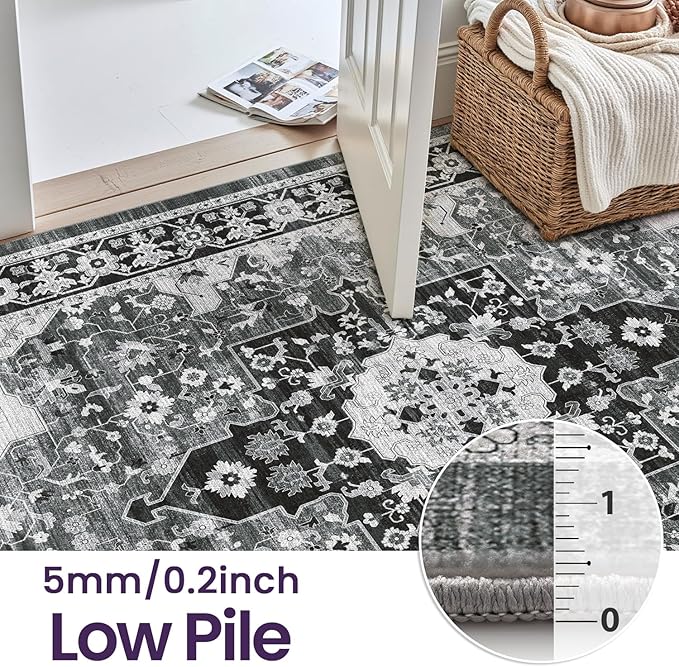 DEXI 5x8 Area Rug for Living Room, Washable Vintage Farmhouse Thin Rug Indoor Floor, Non Slip Stain Resistant Low Pile Carpet for Dining Room Bedroom Office, White Grey