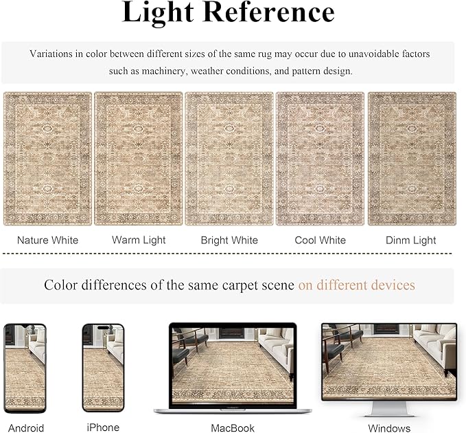 8x10 Washable Area Rug Beige Vintage Rug for Living Room Bedroom Low Pile Soft Non-Slip Boho Rug for Under Table Boho Distressed Retro Carpet for Bedroom Kitchen Office Dining