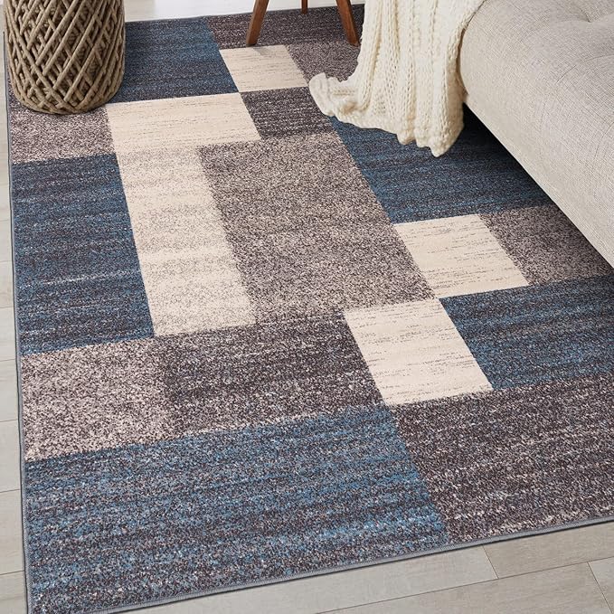 Rugshop Modern Boxes Design Non-Slip (Non-Skid) Area Rug for Entryway,Kitchen,Bedroom 4' x 6' Blue