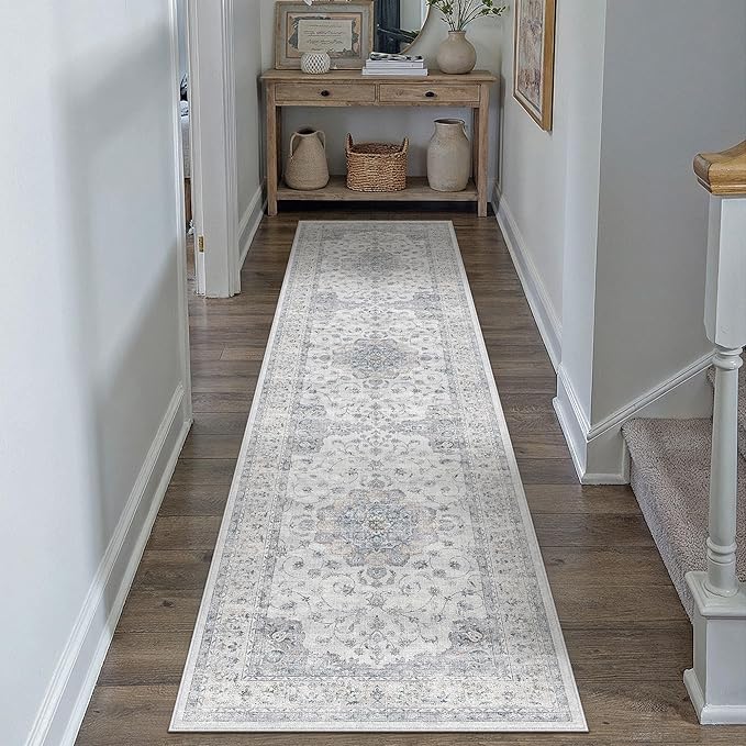 HUGEAR Machine Washable Hallway Runner Rugs 2x8 Vintage Blue Neutral Style Non Slip Stain Resistant Low Pile Throw Carpet for Bedroom Kitchen Retro Aesthetic Modern Decor