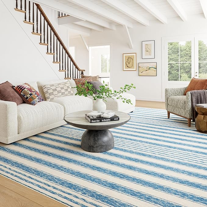 Dash & Albert Vion Blue Machine Washable Rug, 9.5 X 13.5 Feet, Blue/Grey Stripe Pattern