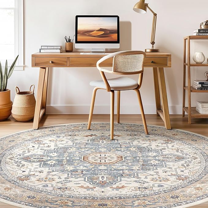 Round Rug Living Room Rugs: 4x4 Washable Boho Neutral Large Circle Soft Indoor Distressed Stain Resistant Floor Farmhouse Carpet for Bedroom Nursery Kids Playroom Office Dining Room Dorm- Beige Blue