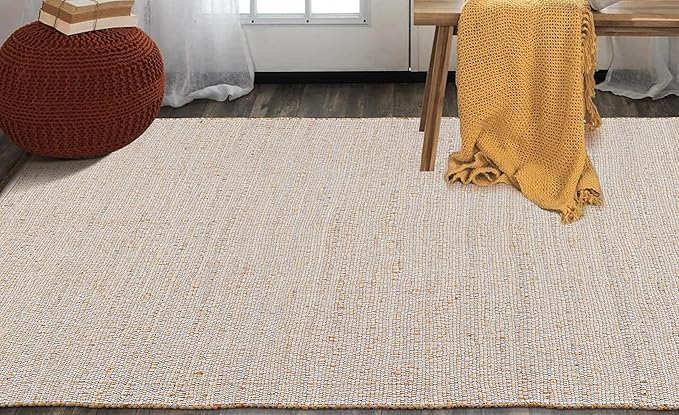 Hand Woven Jute Cotton Area Rug 5'x8' ft Rectangle Natural Farmhouse Rug for Living Room, Bedroom Kitchen - Rustic Vintage Bohemian Eco-Friendly Carpet Home Décor 60"x96" Natural