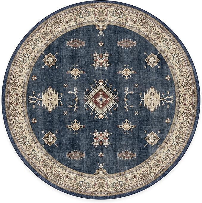 RUGGABLE Washable Vintage Area Rug – Verena Sapphire 8 ft Round, Stain-Resistant, Non-Slip – Large Machine Washable Rugs for Living Room, Bedroom, Hallway, Entryway & Office–with Standard Pad