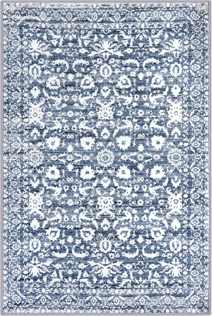 Vintage Entryway Rug 2x3 Washable, Light Blue White Kitchen Rug, Super Soft Thin Faux Wool Small Area Rug, Non-Slip Accent Mat for Foyer, Bedroom, Office