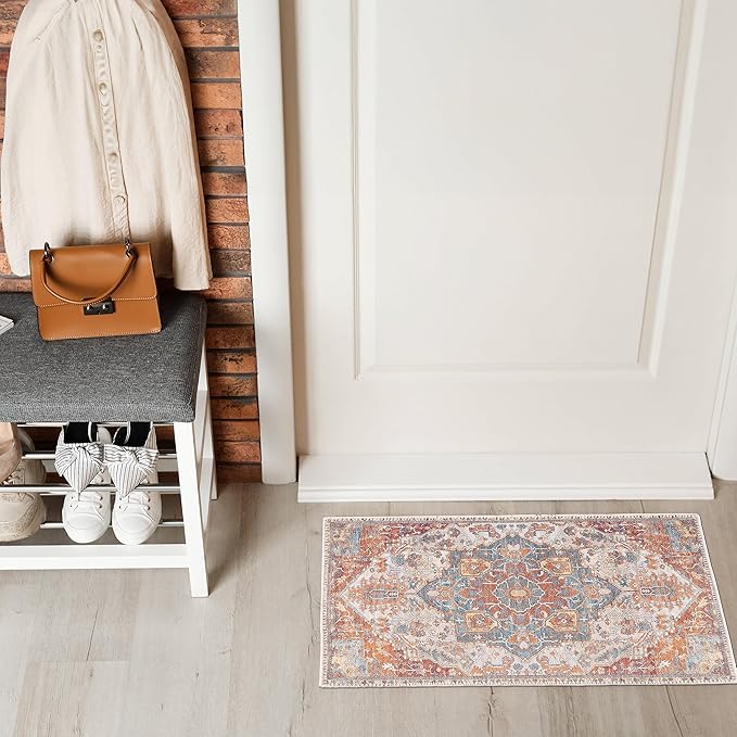 GLN Rugs Traditional Collection - Machine Washable Area Rug, Traditional Washable, Non Slip, Low Pile Chenille Rug, Living Room, Bedroom, Kitchen Rug (2' x 3' Cream/Terra)