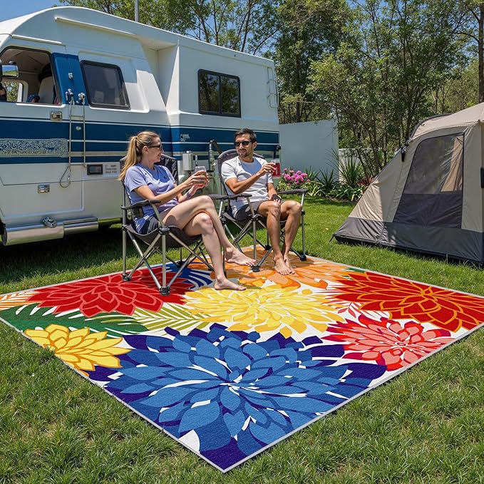Colorful 4x6 Outdoor Area Rug Washable Rugs Multicolored Patio Rug Tropical Botanical Floral Chenille Outdoor Carpet Non Slip for RV, Pool Deck, Backyard, Porch, Rainbow