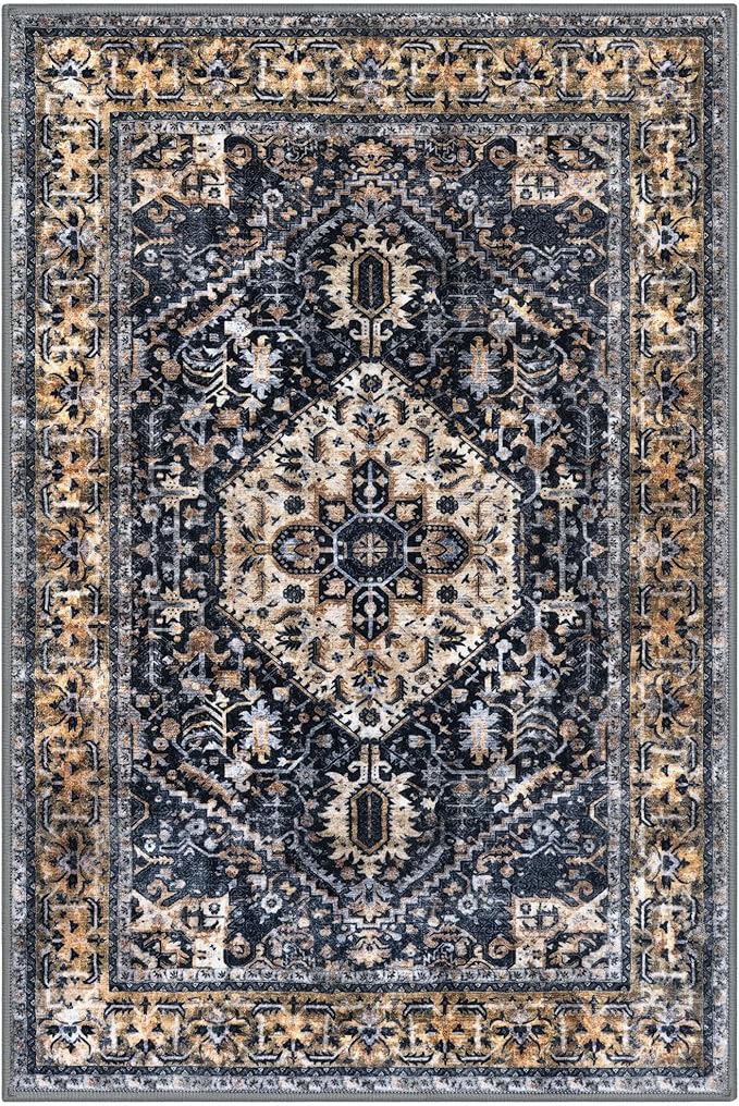 KOZYFLY Small Area Rug 2x3 Ft Rugs for Entryway Washable Boho Entry Rug Non Slip Door Mat Indoor Gold Navy Printed Faux Wool Vintage Kitchen Rug Throw Rugs for Entrance Kitchen