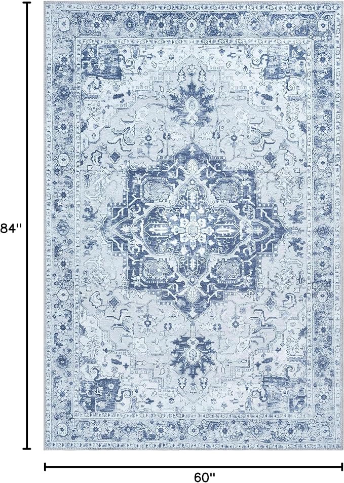 Bloom Rugs Washable Non-Slip 5' x 7' Rug - Gray/Blue Traditional Medallion Area Rug for Living Room, Bedroom, Dining Room, and Kitchen - Exact Size: 5' x 7'