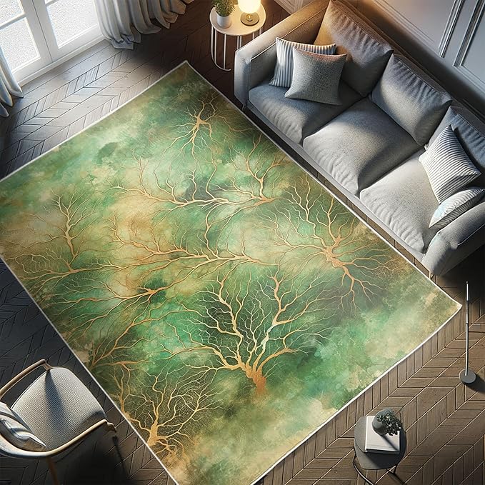 Ambesonne Abstract Decorative Rug, Autumn Leafless Branches with Watercolor Look Dreamy Back Jungle Tones, Quality Carpet for Bedroom Dorm and Living Room, 2' 2" x 3' 7", Jade Green Pale Coffee