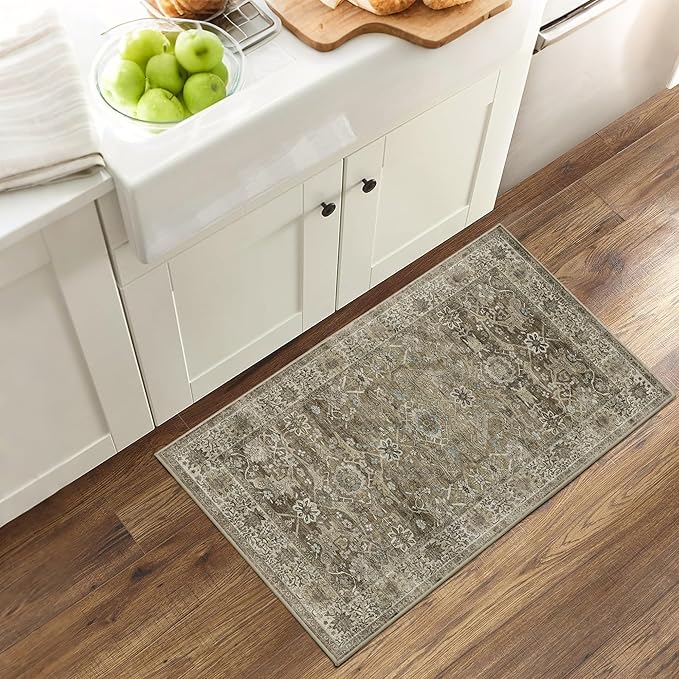 2x3 Entryway Rug Brown Grey Washable Vintage Rugs for Entryway Kitchen Low Pile Non-Slip Door Mat Traditional Distressed Small Throw Carpet for Kitchen Entrance Bathroom Antique/Moss